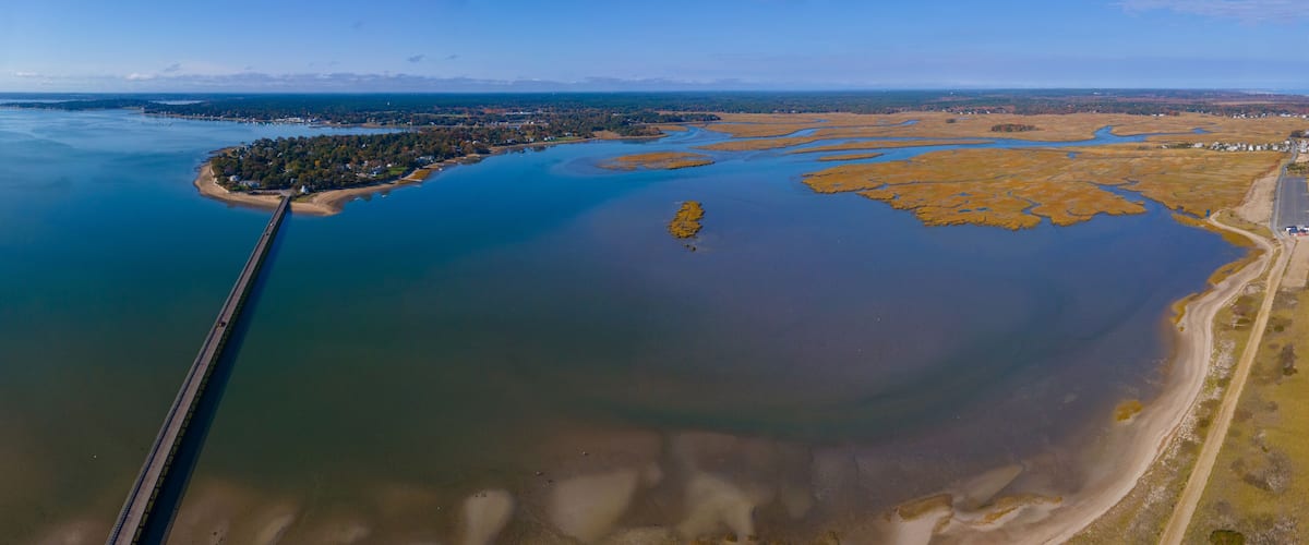 Powder Point Bridge aerial view connects Long Island and Duxbury in town of Duxbury, Massachusetts MA, USA.