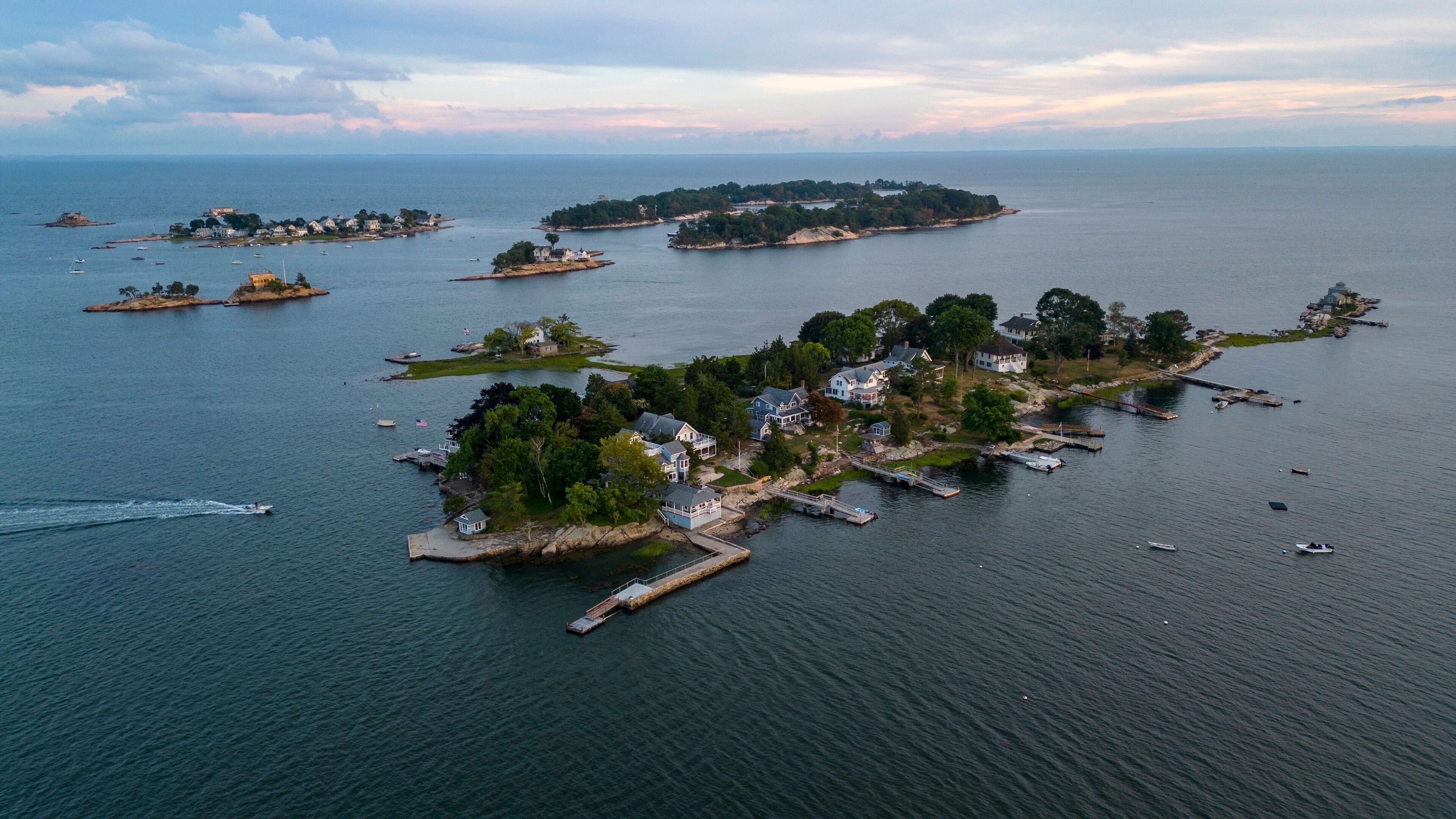 Aerial shot of the Thimble Islands in Branford, CT, USA