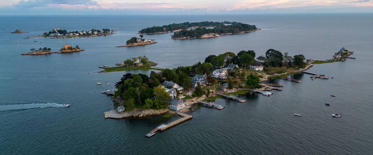 Aerial shot of the Thimble Islands in Branford, CT, USA