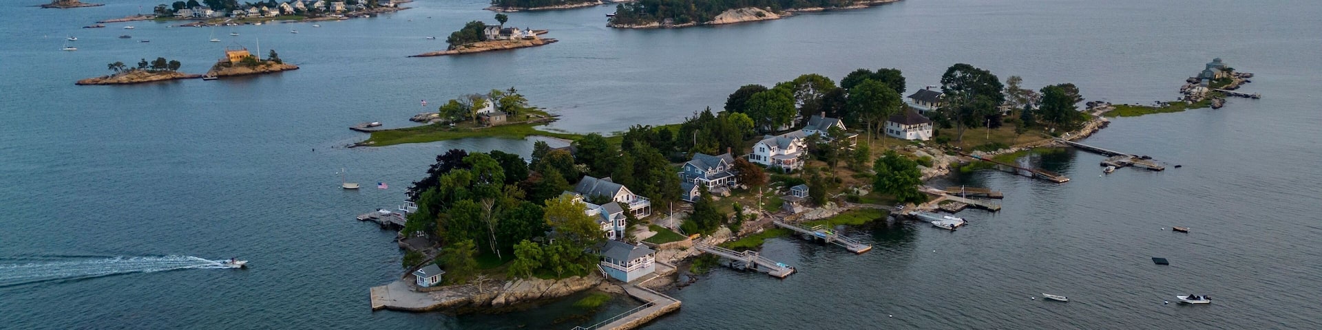 Aerial shot of the Thimble Islands in Branford, CT, USA