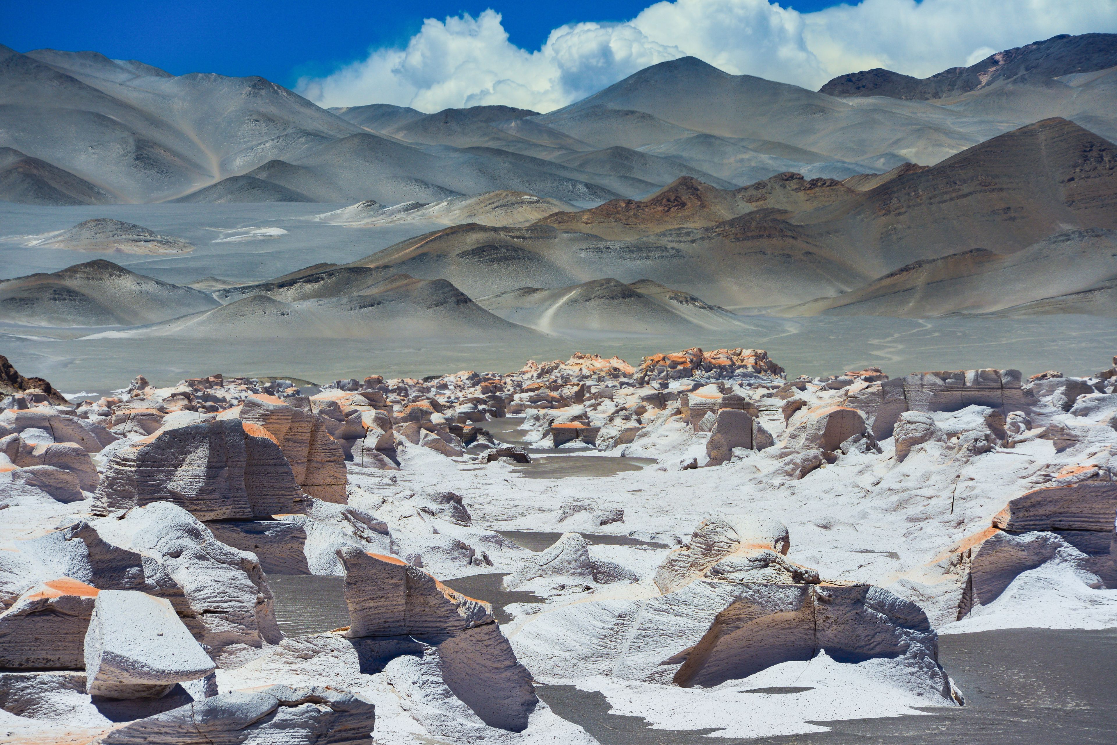 Paisaje desértico con formaciones rocosas en capas y una cordillera distante bajo un cielo despejado.