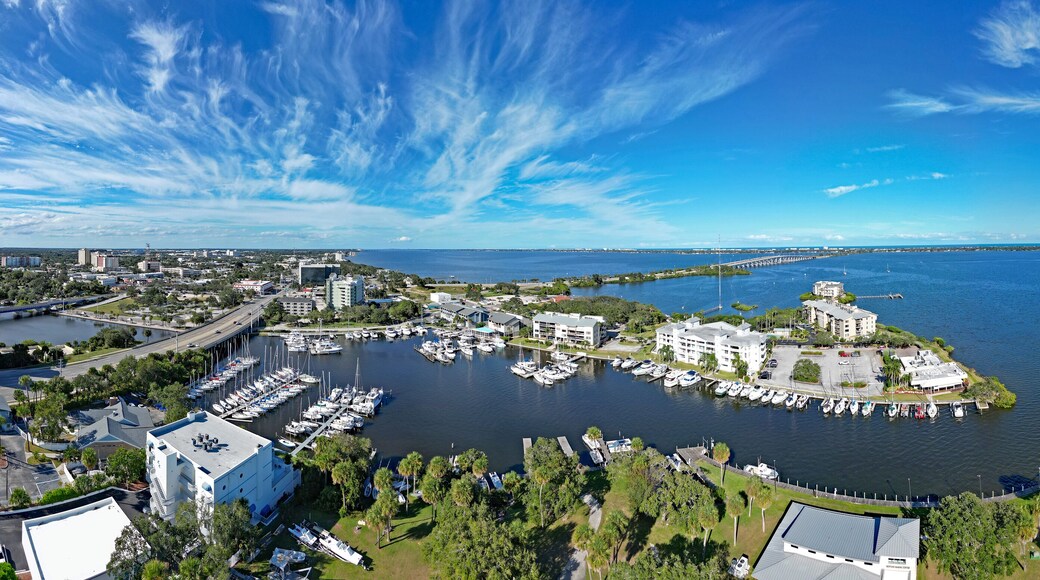 Aerial view of the Indian River, yacht harbor, and historic downtown Melbourne along Florida's Space Coast in Brevard County
