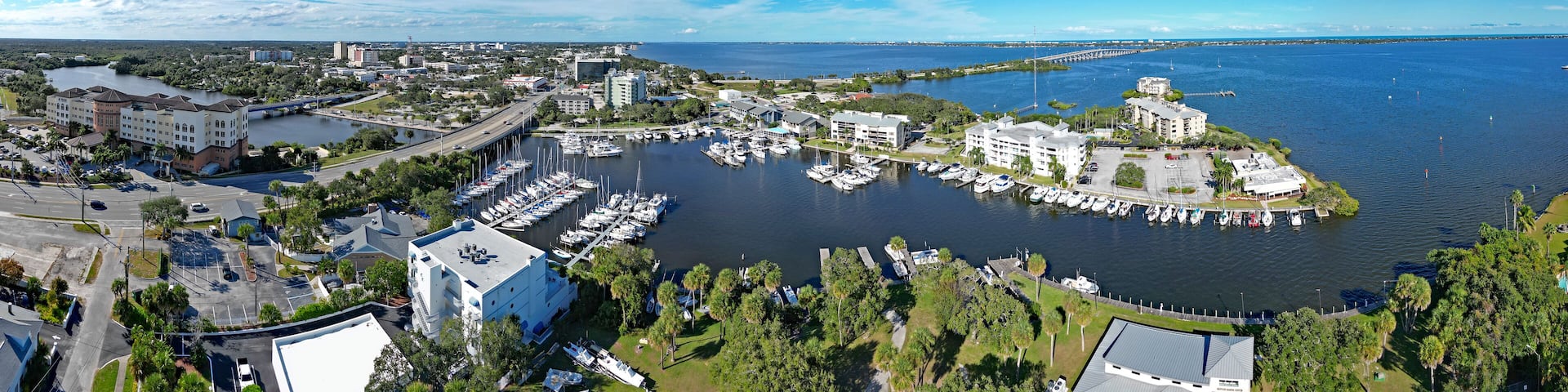 Aerial view of the Indian River, yacht harbor, and historic downtown Melbourne along Florida's Space Coast in Brevard County