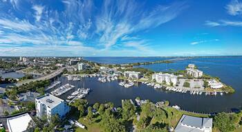 Aerial view of the Indian River, yacht harbor, and historic downtown Melbourne along Florida's Space Coast in Brevard County