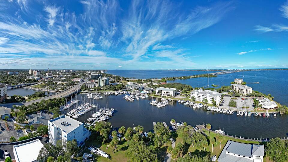 Aerial view of the Indian River, yacht harbor, and historic downtown Melbourne along Florida's Space Coast in Brevard County