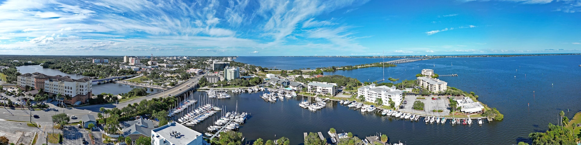 Aerial view of the Indian River, yacht harbor, and historic downtown Melbourne along Florida's Space Coast in Brevard County