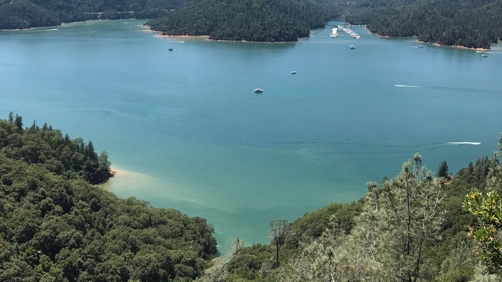 A coastal landscape with a clear blue lake surrounded by dense forests and distant mountains.