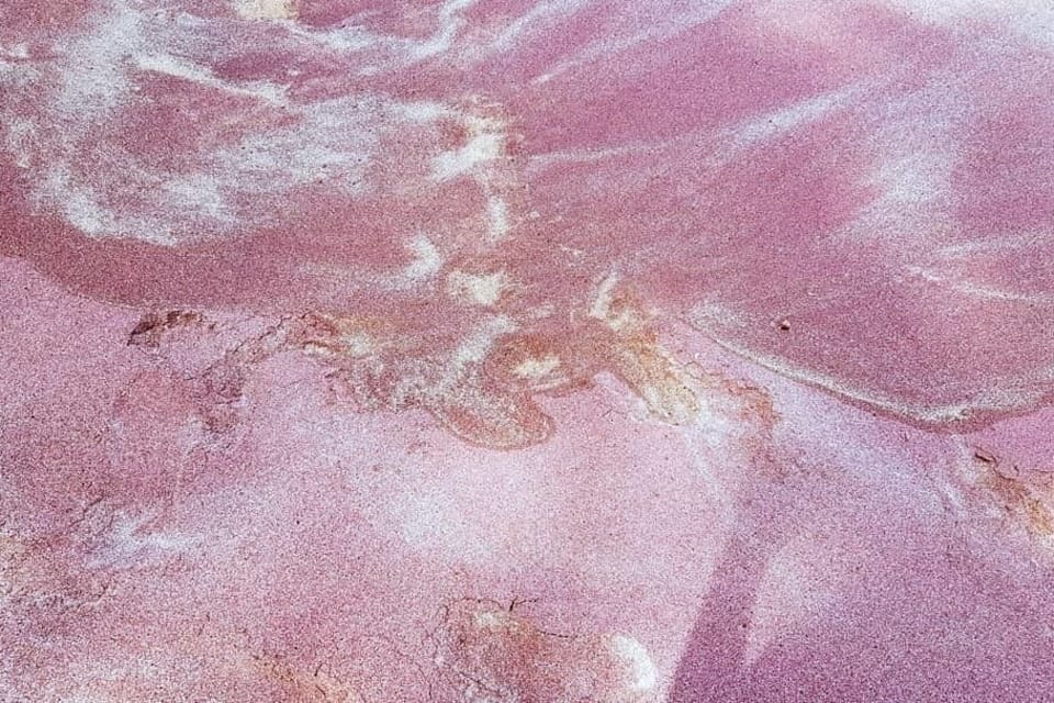 A close-up of a pinkish surface with white and brown patterns.