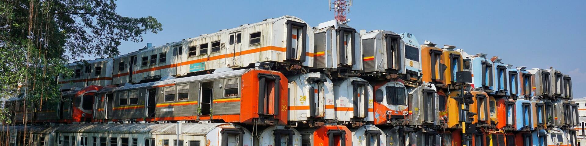 A stack of unused train cars at Purwakarta Station, West Java, Indonesia