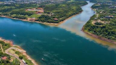 Aerial view of the landmark of the three borders (hito tres fronteras), Paraguay, Brazil and Argentina in the Paraguayan city of Presidente Franco near Ciudad del Este..