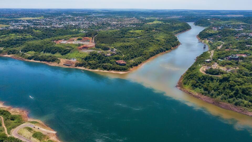 Aerial view of the landmark of the three borders (hito tres fronteras), Paraguay, Brazil and Argentina in the Paraguayan city of Presidente Franco near Ciudad del Este..