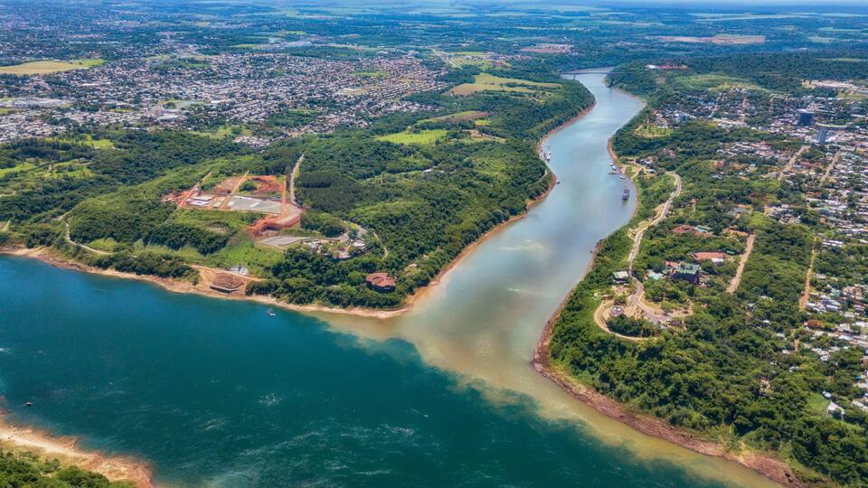 Aerial view of the landmark of the three borders (hito tres fronteras), Paraguay, Brazil and Argentina in the Paraguayan city of Presidente Franco near Ciudad del Este.
