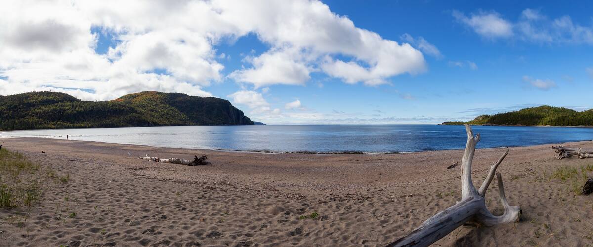 A sandy beach with driftwood and a calm lake surrounded by hills.