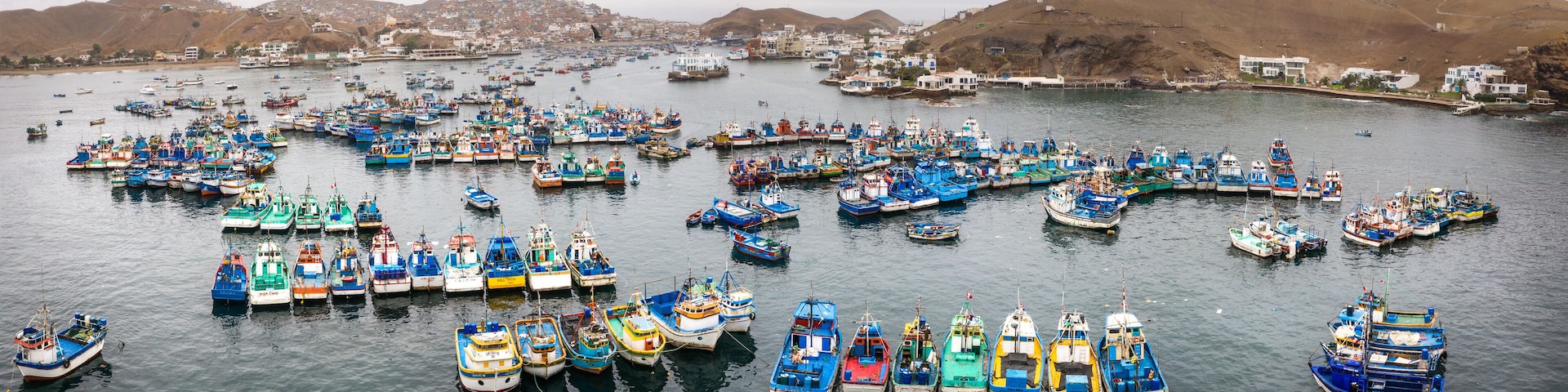 A harbor filled with numerous colorful boats docked in calm waters.