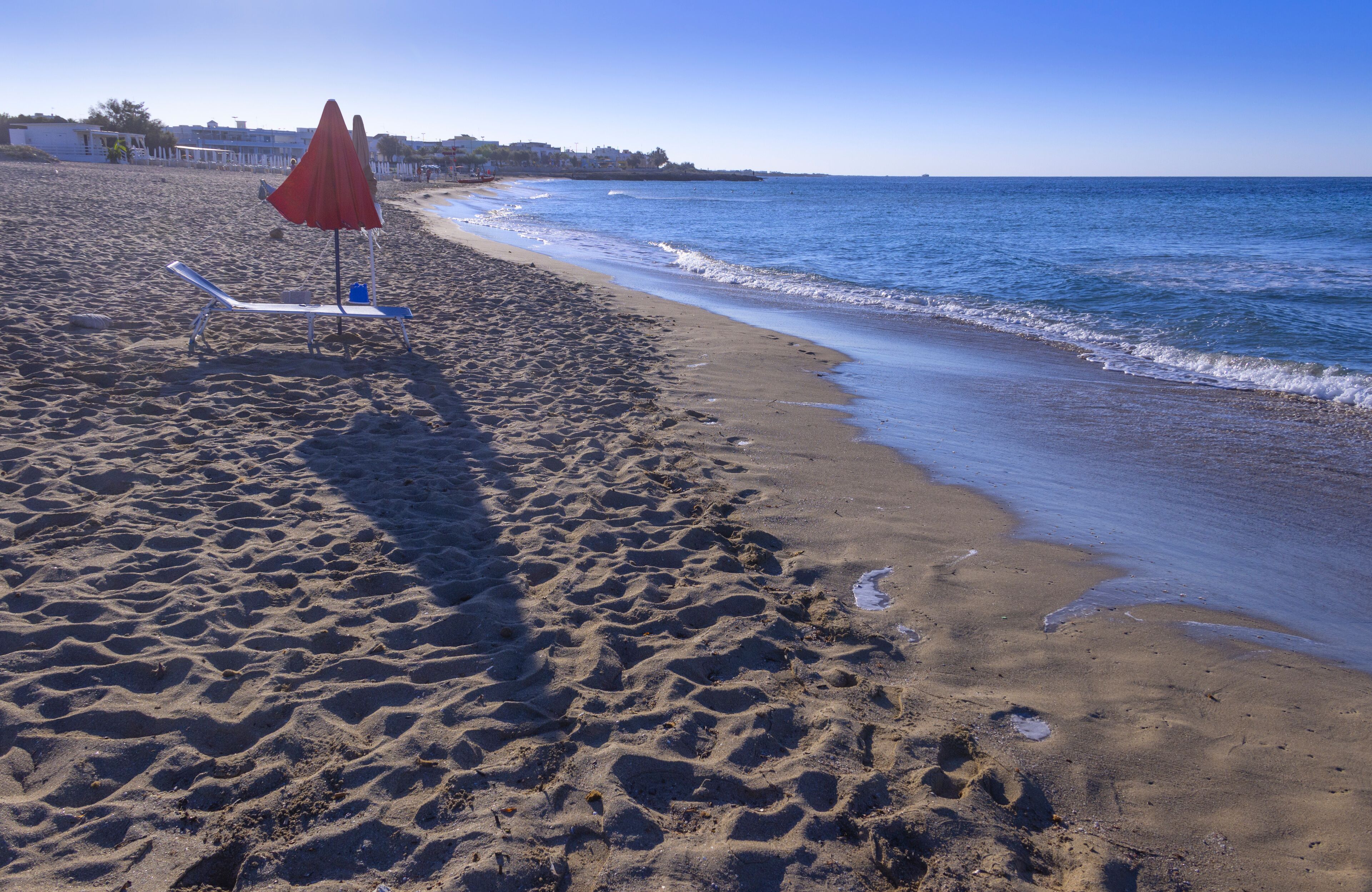 Salento coast: Lido Marini beach, almost sandy and embellished with low cliffs, easy to reach, stretches for more than two kilometres, in the area of the municipalities of Salve and Ugento in Puglia.