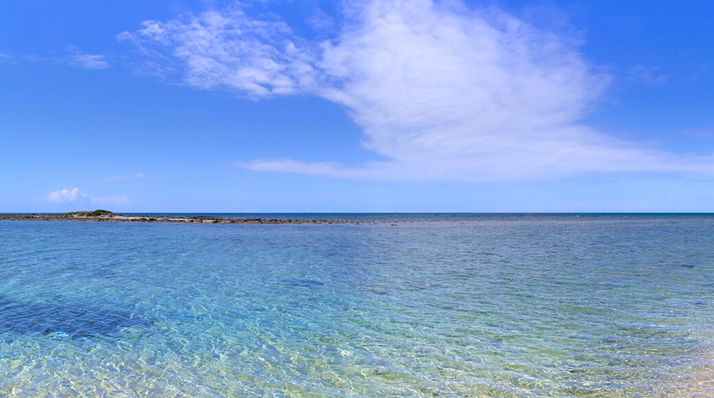 Salento coast: Lido Marini beach, almost sandy and embellished with low cliffs, easy to reach, stretches for more than two kilometres, in the area of the municipalities of Salve and Ugento in Puglia.