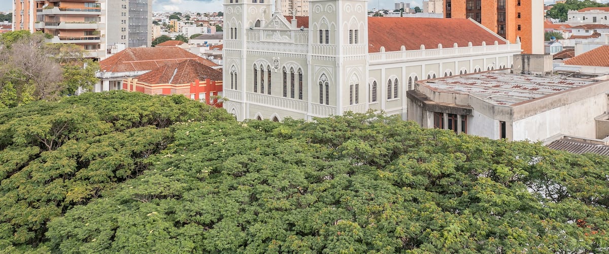 A historic church with twin spires, surrounded by modern buildings and lush greenery.