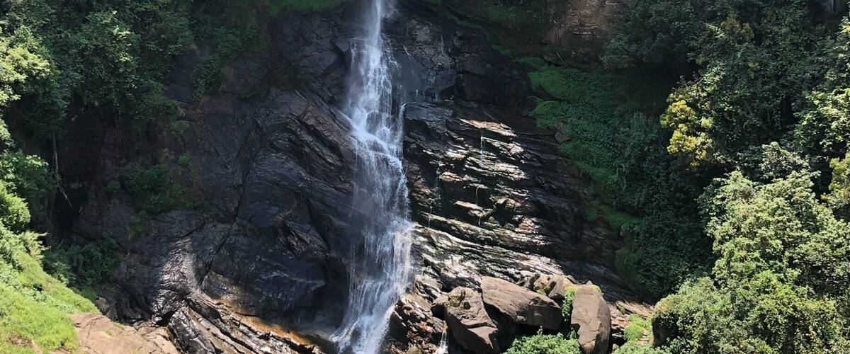 A waterfall cascading down a rocky cliff surrounded by lush greenery.