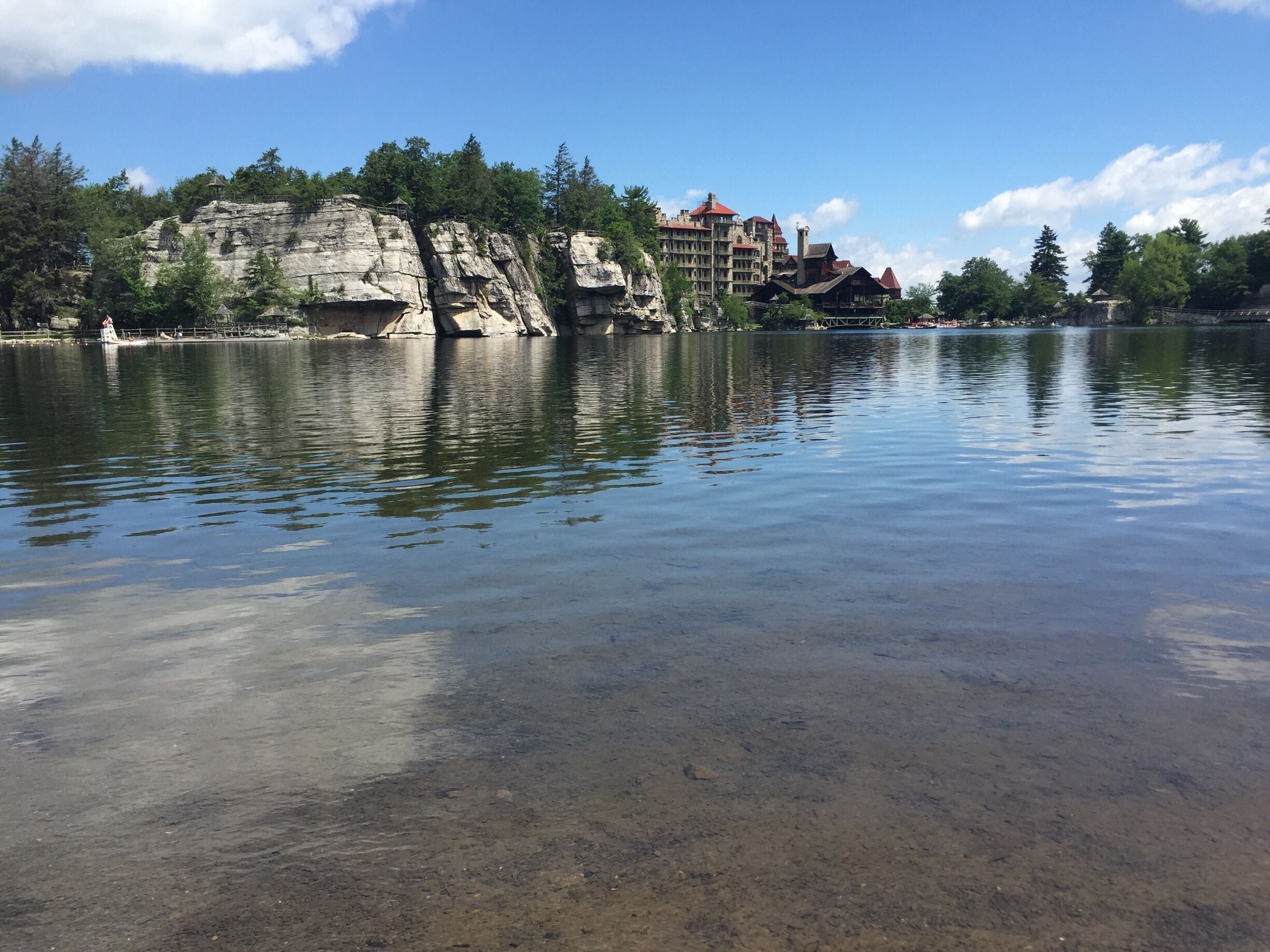 A calm lake with rocky cliffs and a lodge in the background.