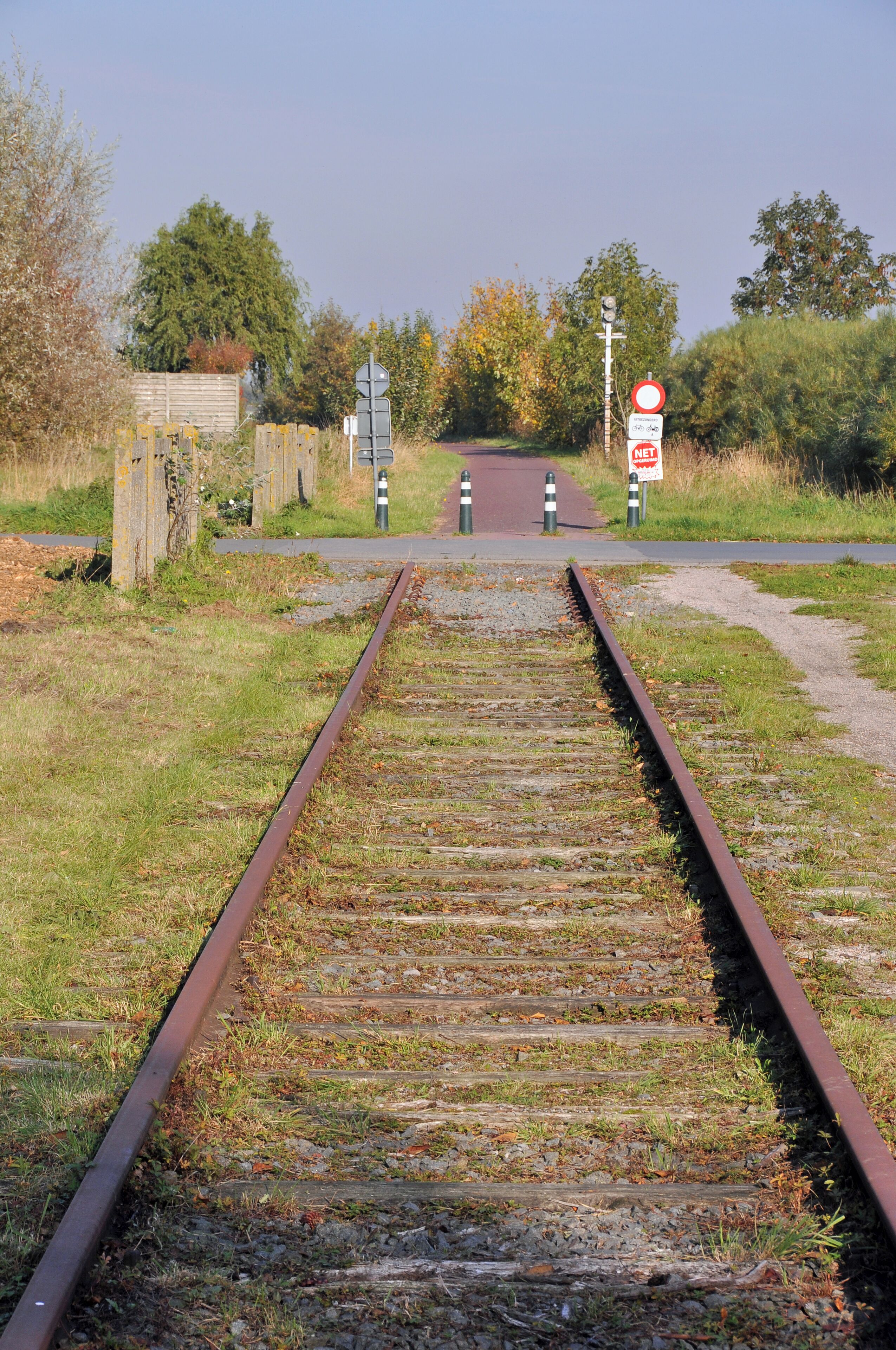 A railway crossing with a 'NET' sign, surrounded by grass and trees.