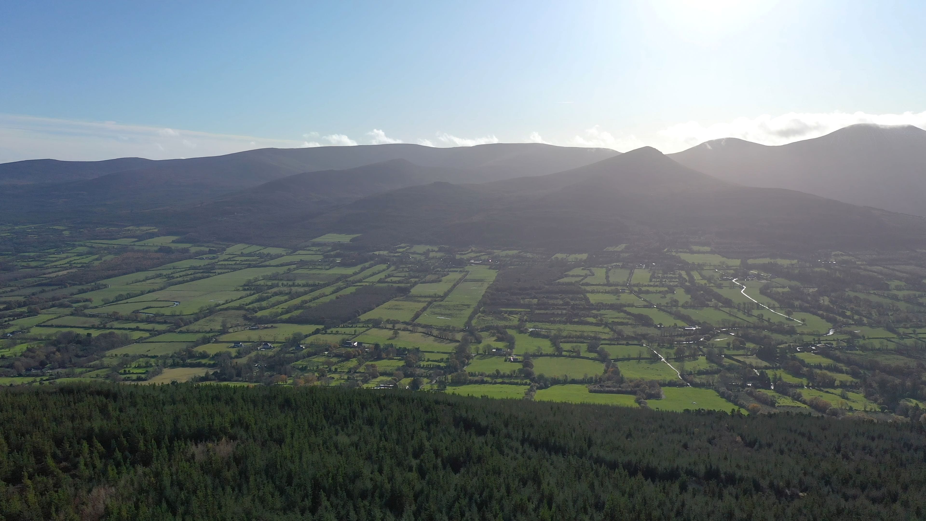 A panoramic view of a rural landscape with rolling hills, fields, and a dense forest in the foreground.