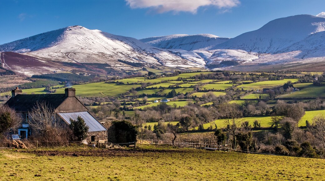 A rural landscape with a stone house, green fields, and snow-capped mountains.