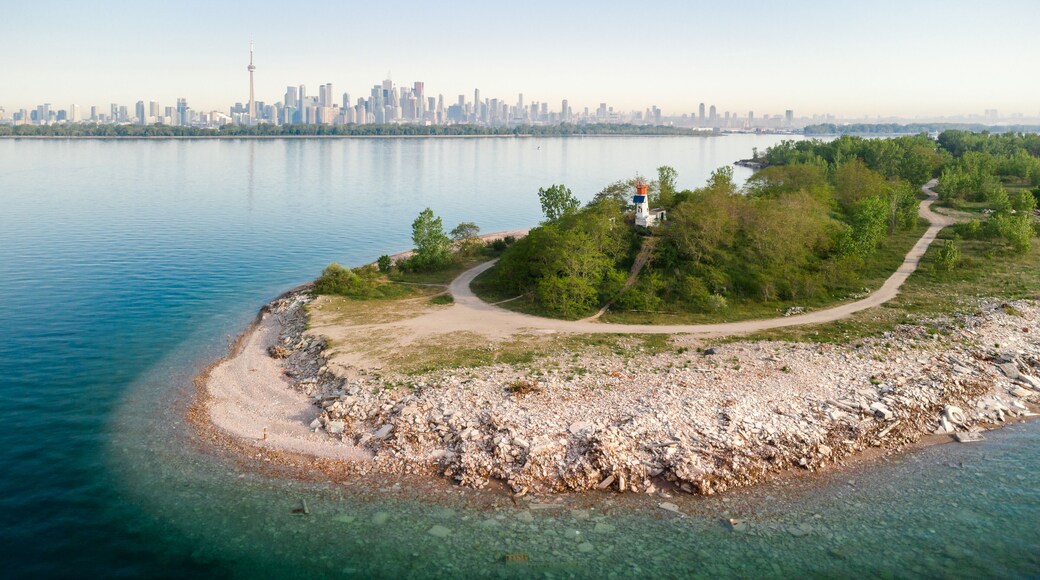 An aerial view of Lighthouse Point looking back toward the Toronto skyline
