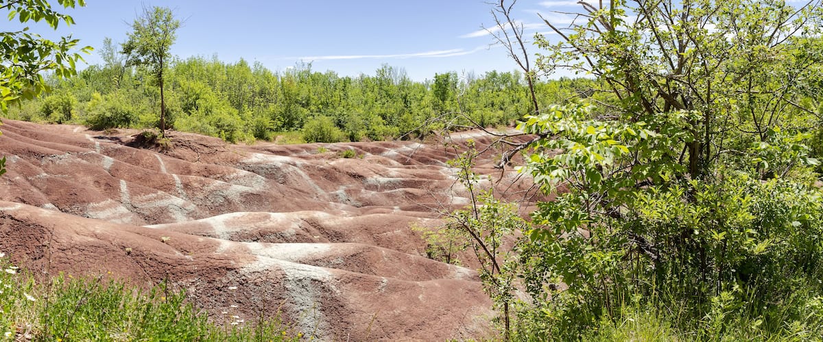 The Cheltenham Badlands in Caledon in summer, Ontario, Canada. “Badlands” is a geologic term for an area of soft rock devoid of vegetation and soil cover.