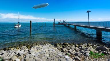 The pier of the village Immenstaad at Lake Constance with zeppelin - Immenstaad, Lake Constance, Baden-Wuerttemberg, Germany, Europe
