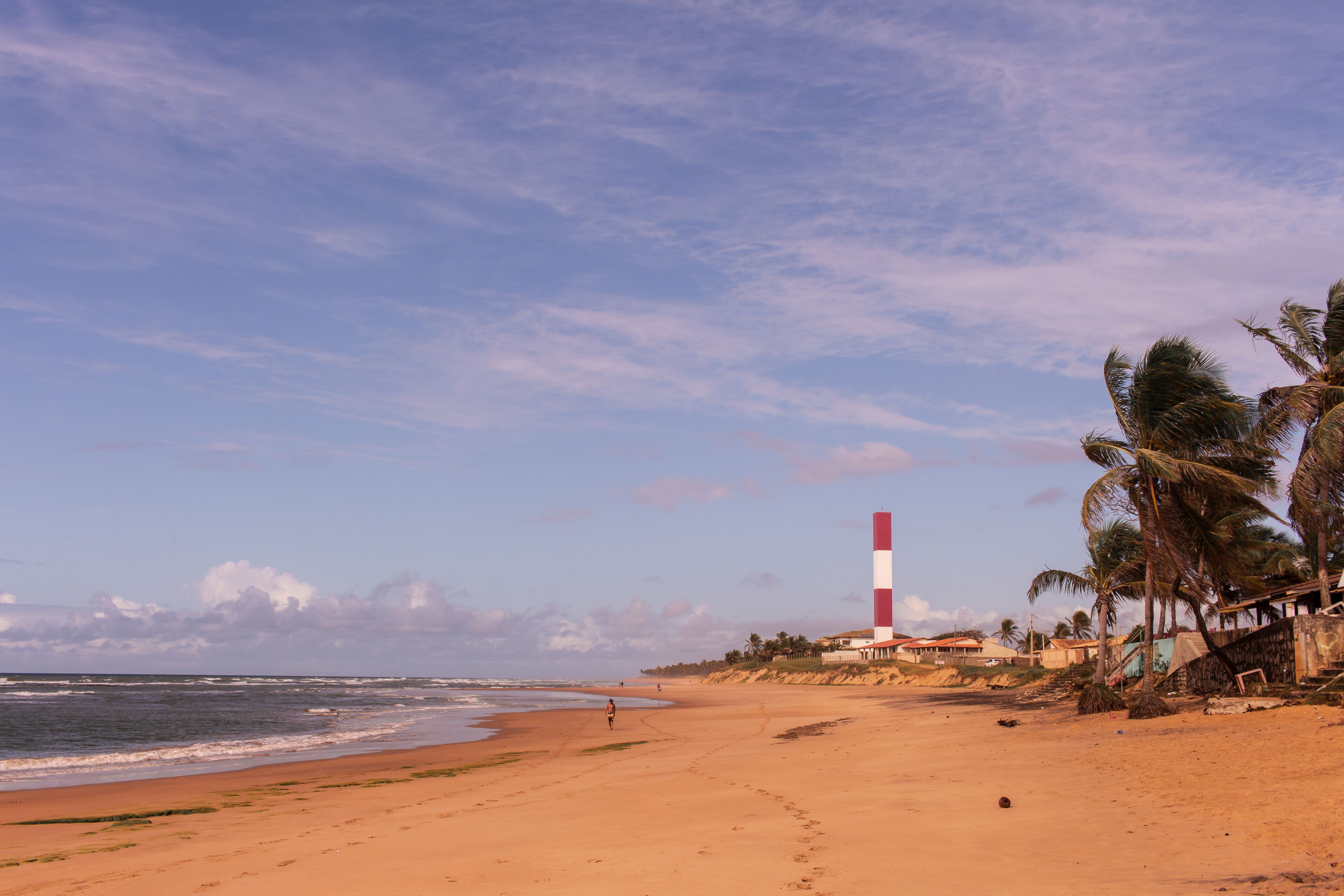 A beach with a lighthouse, palm trees, and ocean waves.