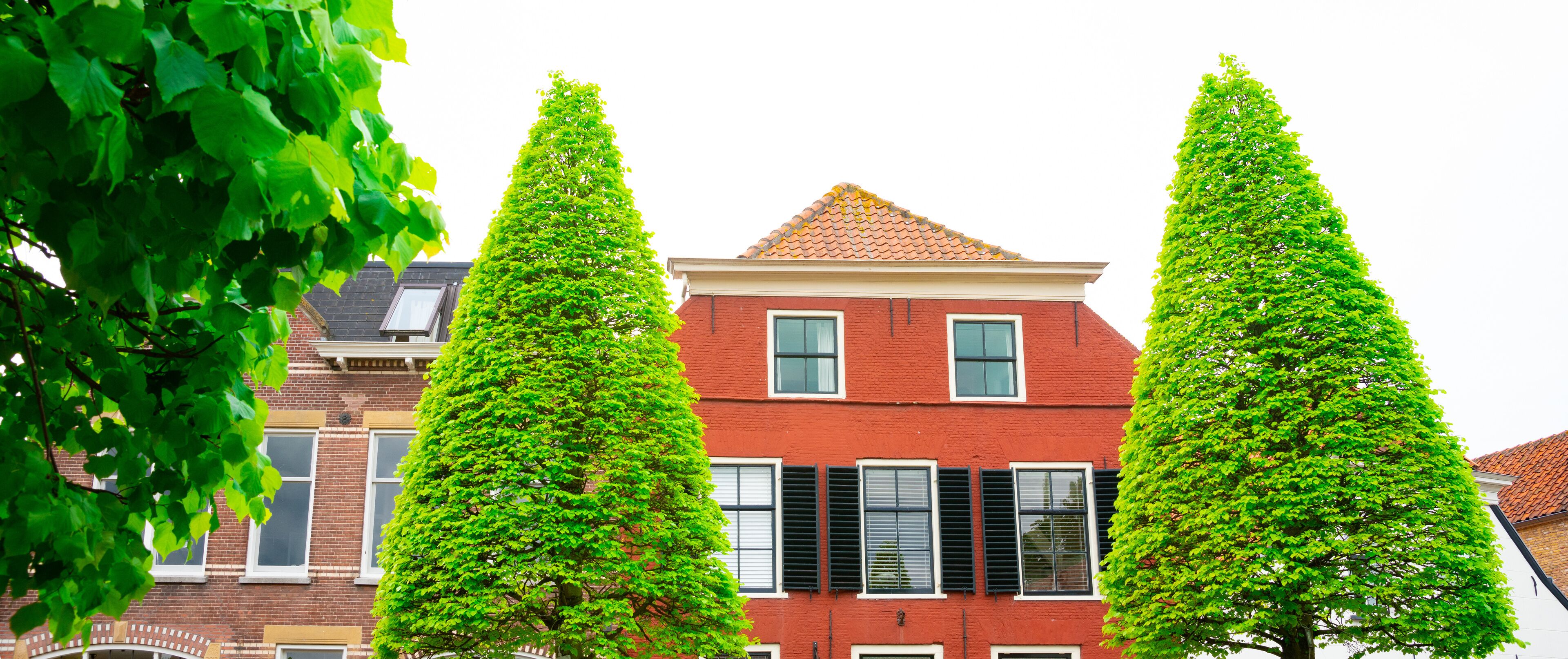A red brick building with black shutters, surrounded by tall, green trees.