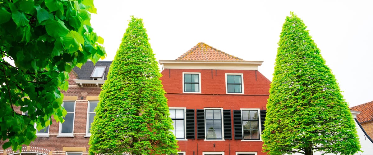 A red brick building with black shutters, surrounded by tall, green trees.