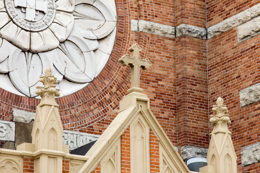 Cross on the facade of St Willebrord Catholic Church in Green Bay, WI