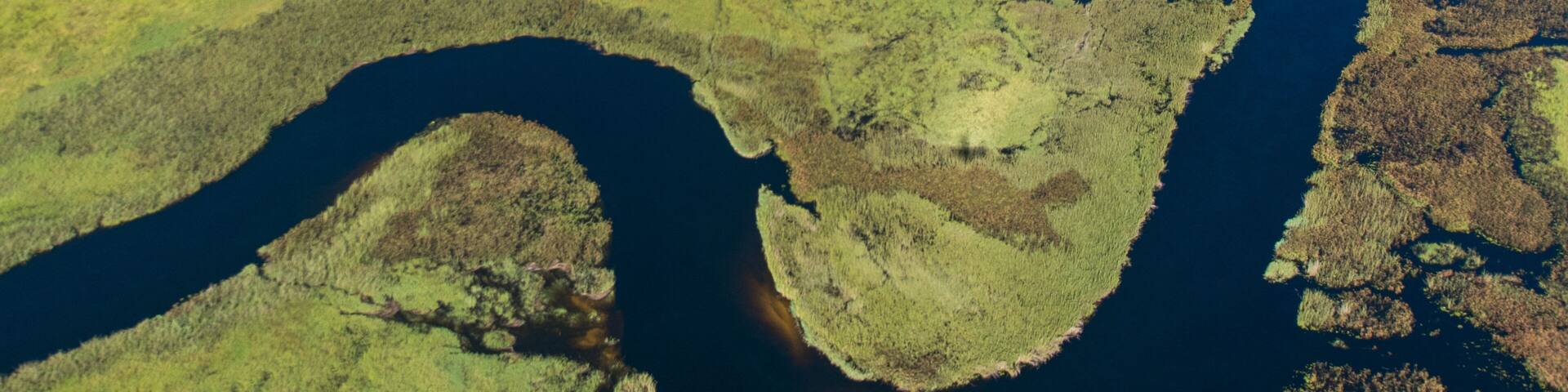 An aerial view capturing the swirling patterns of lush vegetation, meander river paths and land in the Okavango Delta, Botswana