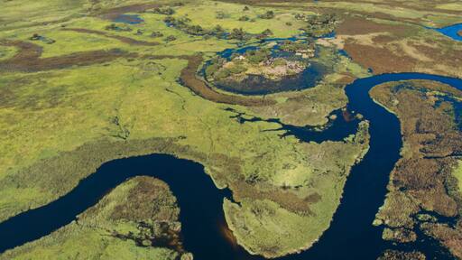 An aerial view capturing the swirling patterns of lush vegetation, meander river paths and land in the Okavango Delta, Botswana
