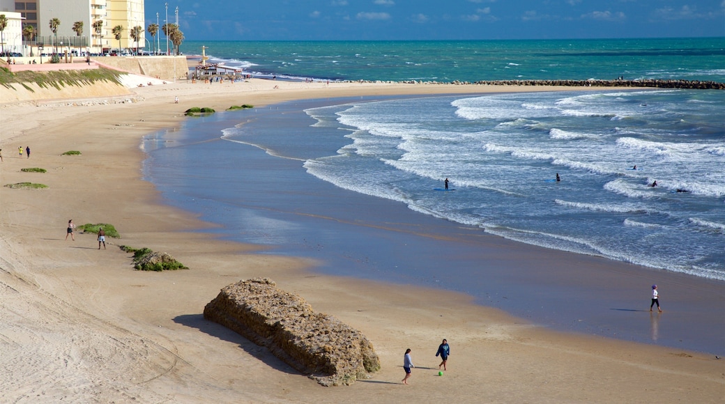 Playa de la Victoria mostrando una playa de arena y una bahía o un puerto