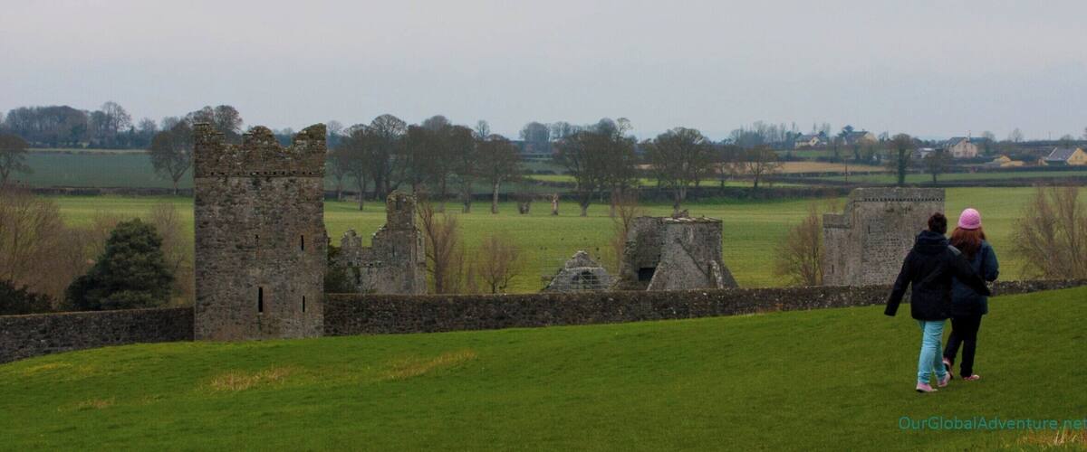 A historic stone castle ruin with a grassy field and trees in the background.