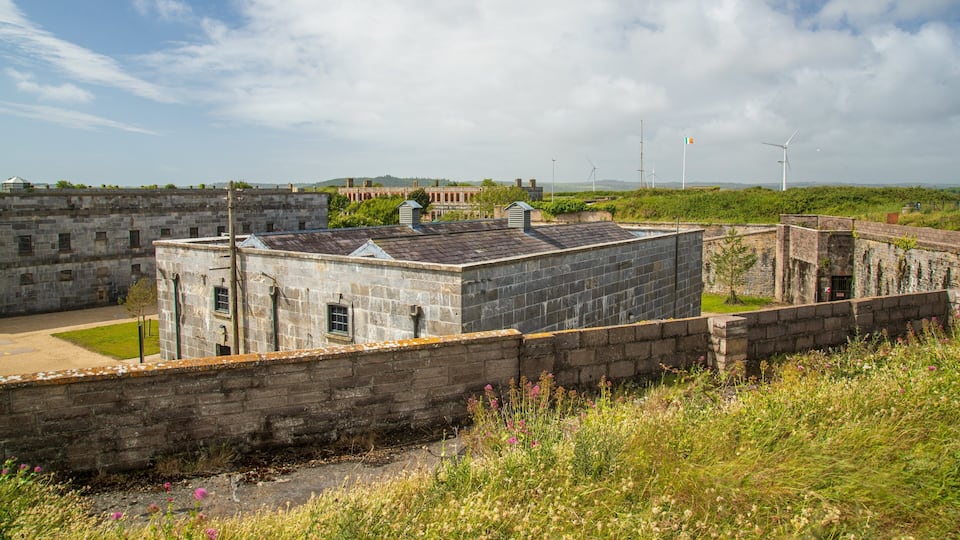 A historic stone building with a grassy foreground and wind turbines in the background.