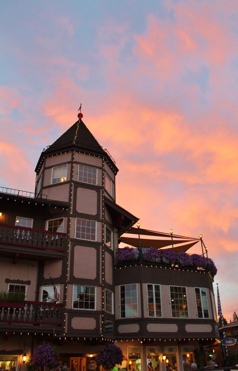 A lovely sunset in the heart of Leavenworth, WA, a Bavarian themed town that is a great place to visit year round. Leavenworth is a romantic place to visit, taste wine, eat loads of German fare, and shop.