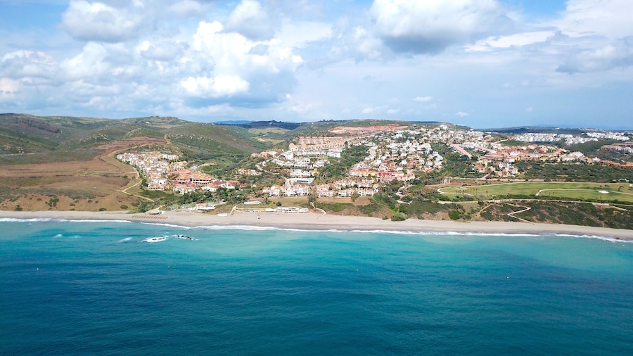 aerial view from the Mediterranean Sea towards La Alcaidesa, Cádiz, Andalusia, Malaga, Spain