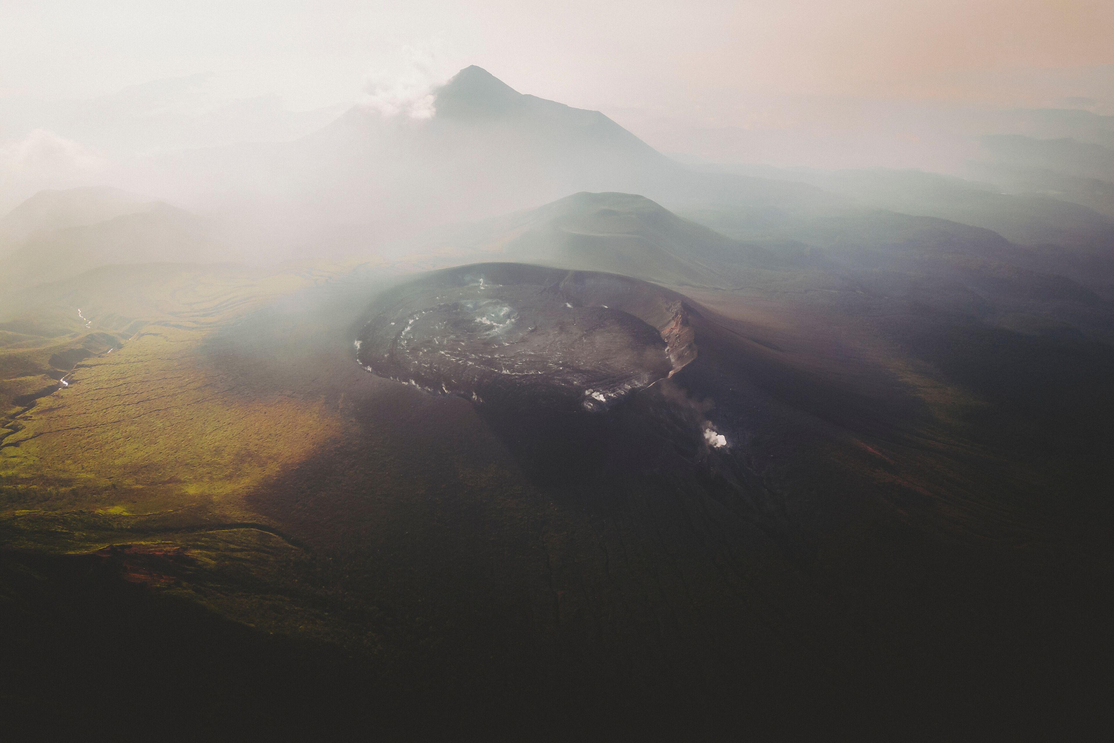 Aerial shot of the volcanoes of Ebino Plateau, Kirishima, Kagoshima Prefecture, Kyushu, Japan.