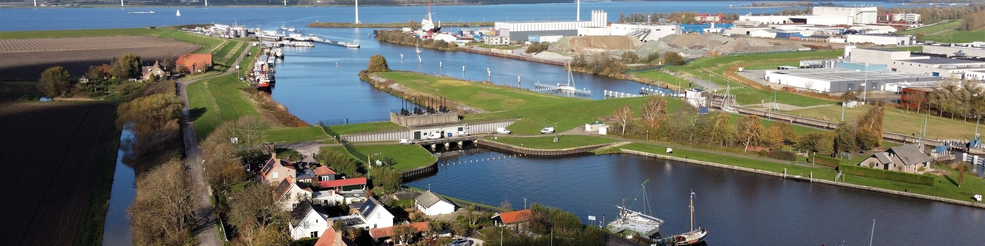 Harbor in Dinteloord seen from the air. Located on Volkerak and near the industrial area Dintelmond.