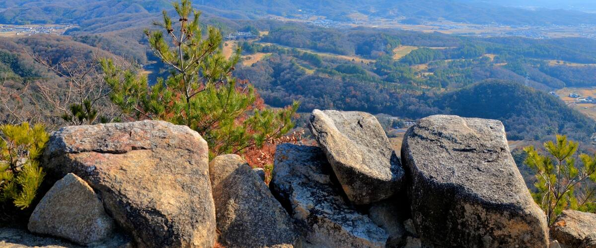 A mountainous landscape with rocky outcrops and pine trees.