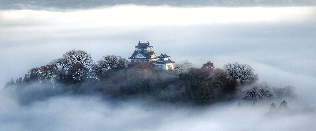 Un château japonais traditionnel, entouré d’arbres et enveloppé de brume.