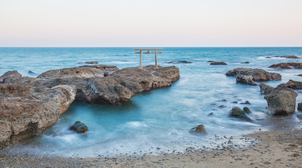 Japanese shrine gate and sea at Oarai city , Ibaraki