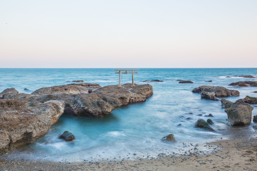 Japanese shrine gate and sea at Oarai city , Ibaraki
