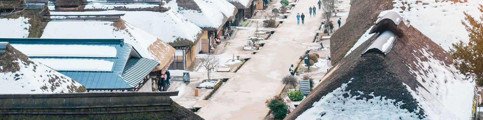 Ouchi Juku ancient farmer house village with snow in winter, former post town along the Aizu-Nishi Kaido trade route during the Edo Period. Shimogo town, Minamiaizu, Fukushima Prefecture, Japan