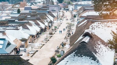 Ouchi Juku ancient farmer house village with snow in winter, former post town along the Aizu-Nishi Kaido trade route during the Edo Period. Shimogo town, Minamiaizu, Fukushima Prefecture, Japan