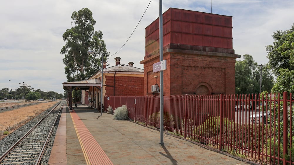 ELMORE, AUSTRALIA - February 29, 2020: The Elmore railway station and water tower (1870) were constructed for the Victorian Railways on the Melbourne-Echuca line