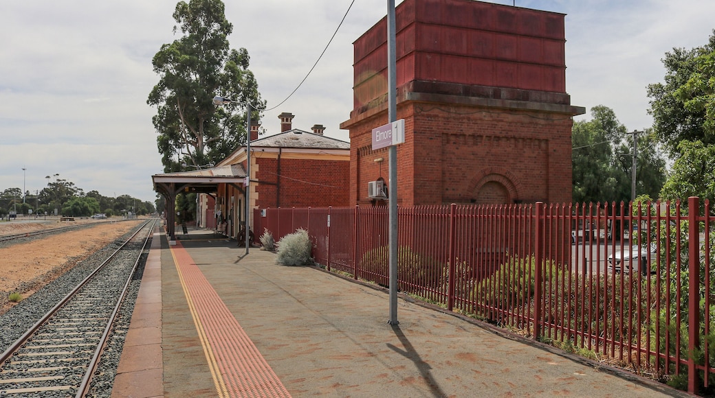 ELMORE, AUSTRALIA - February 29, 2020: The Elmore railway station and water tower (1870) were constructed for the Victorian Railways on the Melbourne-Echuca line